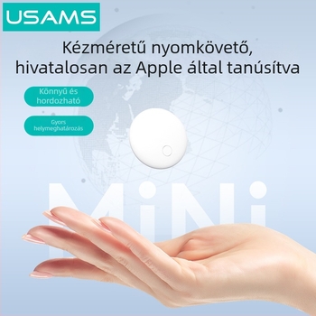 Mini anti-lost eszköz, iOS-kompatibilis, 12–15 m hatótávolság, 230 mAh akkumulátor, 25 g súly, tartalmaz tároló zsebet, PU bőr + ABS