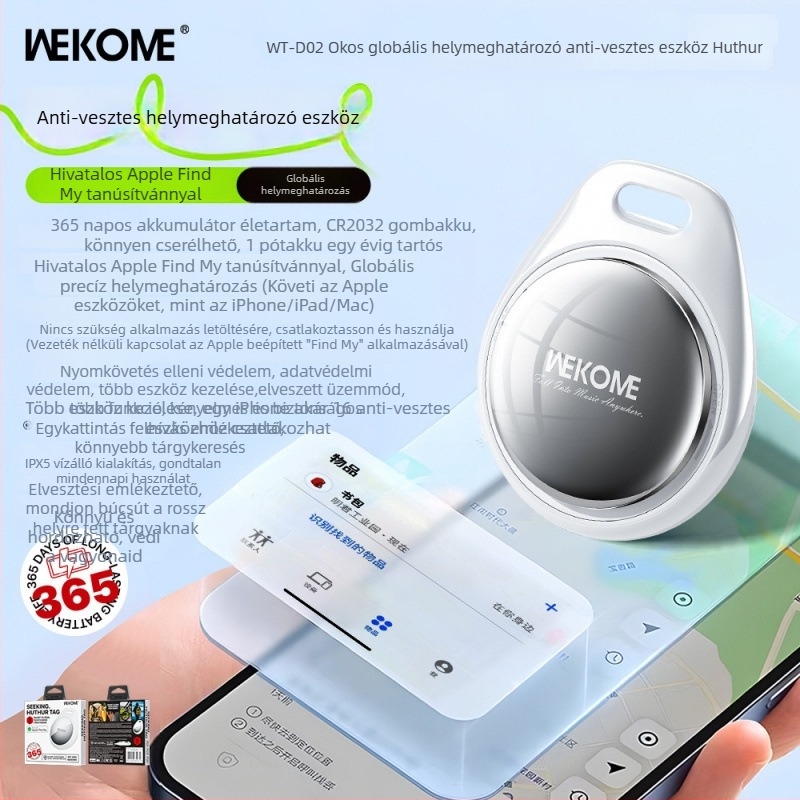 WEKOME WT-D02 Anti-Lost Lokátor iOS-hez – 230 mAh akkumulátor, ABS ház, 7,65 g, USB 2.0 interfész