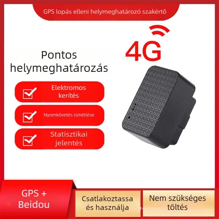 OBD autó GPS nyomkövető 4G ellopás elleni védelmi megoldás, GPS pontosság 3–20 m, 2 órás polimer akkumulátor, beépített antenna, napi vízálló kivitel, riasztási módok: rezgés, áramszünet, geofence, gyorsítás túllépés