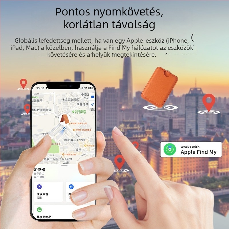 Mágneses kártyatartó lokátor, 50 m hatótáv, 120 mAh akkumulátor, USB-C töltés, iOS-kompatibilis, mágneses telefon- és kártyatartó