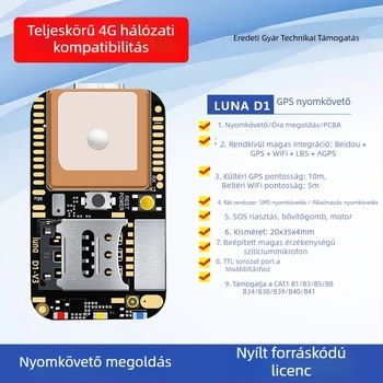 GPS nyomkövető – főlap BeiDou és Wi‑Fi antennákkal háziállat- és járműkövetéshez, 4G PCBA fejlesztőlap, méretek 35×20×4 mm, pozicionálási pontosság legfeljebb 10 m, üzemidő 72 óra, külső 5V tápegység