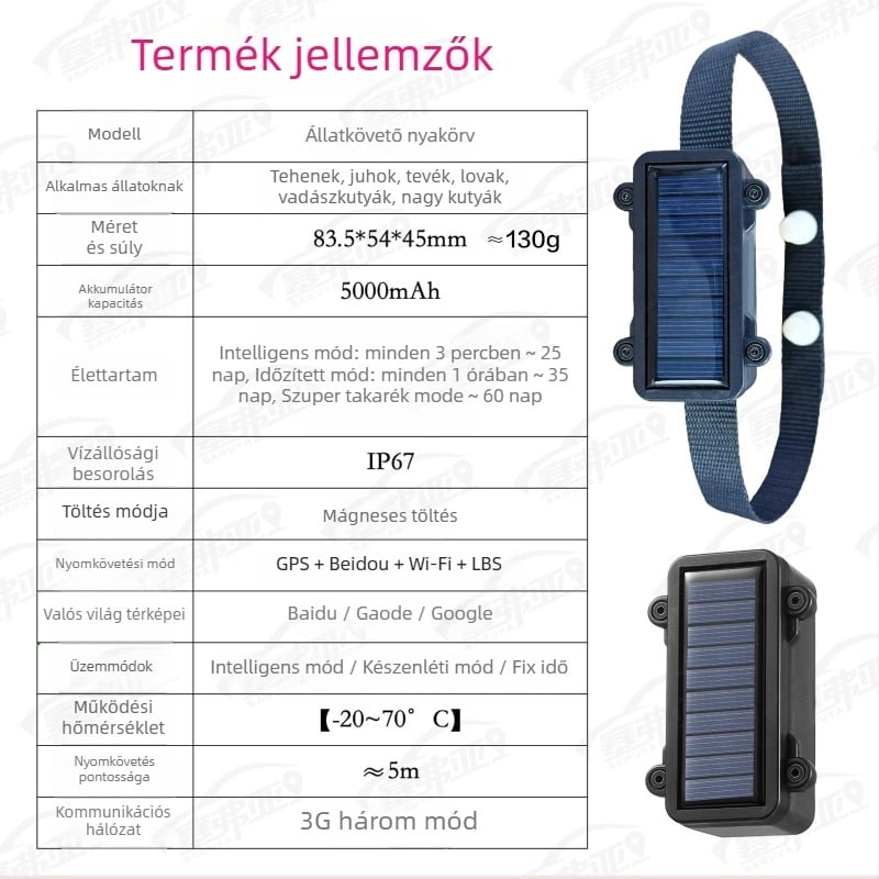 Állatlokátor szarvasmarhák és juhok számára GPS Beidou nyomkövetéssel, riasztások (rezgés, mobilriasztás, kerítés, gyorshajtás), 3 m helymeghatározási pontosság, IP67 vízálló, 30 napos akkumulátor