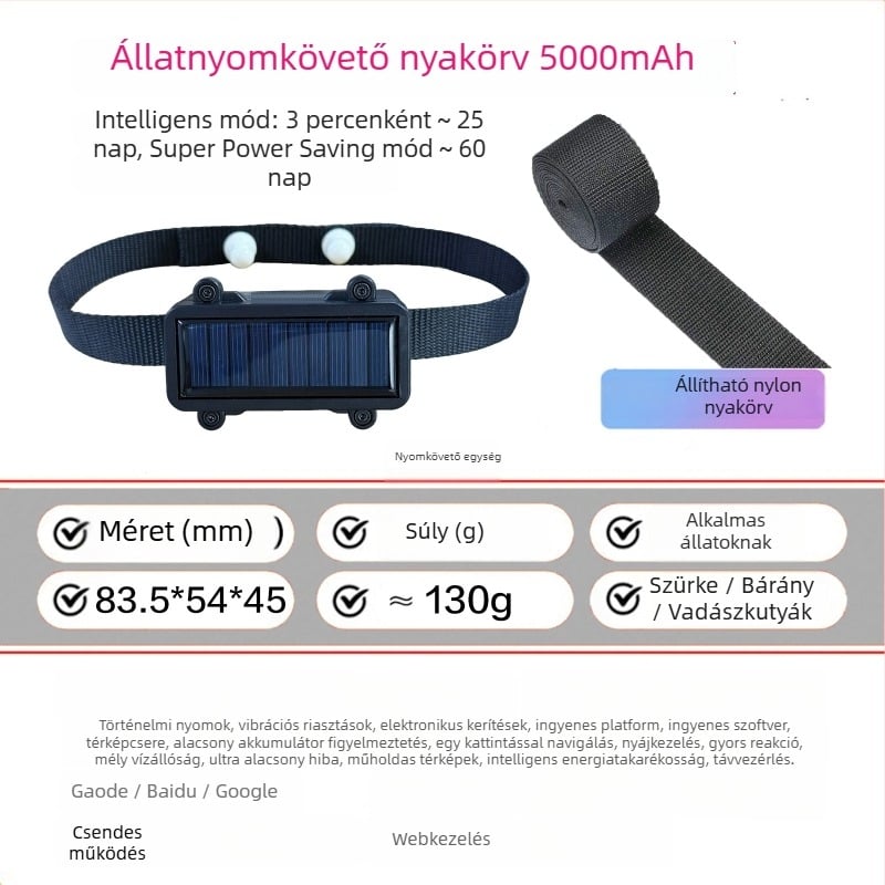 Állatlokátor szarvasmarhák és juhok számára GPS Beidou nyomkövetéssel, riasztások (rezgés, mobilriasztás, kerítés, gyorshajtás), 3 m helymeghatározási pontosság, IP67 vízálló, 30 napos akkumulátor