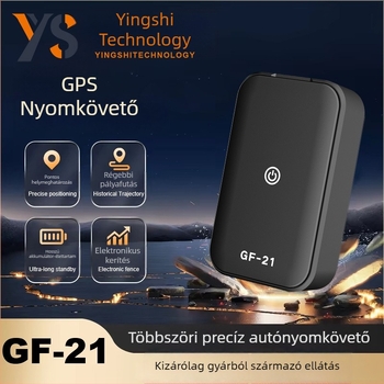 GF21 GPS helymeghatározó 10 m-es pontossággal; riasztások: rezgés, SOS és mobilriasztás; polimer akkumulátor 96 óra; vízálló