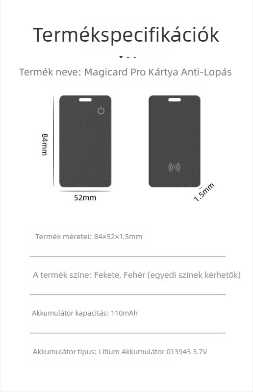 Find My Pénztárca Kártya – Anti-eltűnés Lokátor NFC és Vezeték nélküli Töltés (iOS kompatibilitás, NFC, vezeték nélküli töltés, tömeg 10 g)