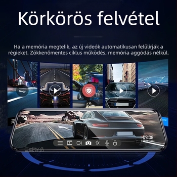 Autóvisszapillantító DVR elöl-hátul dupla kamera, érintőképernyő, 1296P, 140°-os látószög, F2.0 diafragma