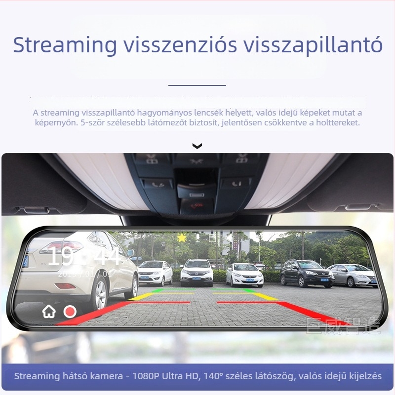 Autóvisszapillantító DVR elöl-hátul dupla kamera, érintőképernyő, 1296P, 140°-os látószög, F2.0 diafragma