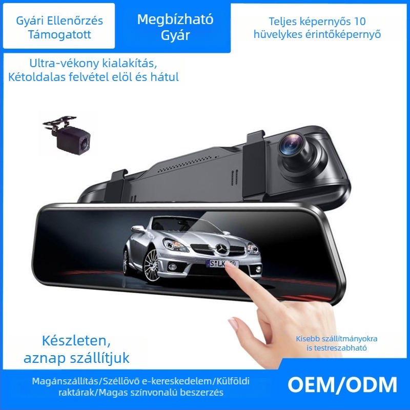 10 hüvelykes kettős lencsés autós dashcam a tolató tükrön, 1080p, 170° látószög, WIFI, TF memóriakártya tárolás
