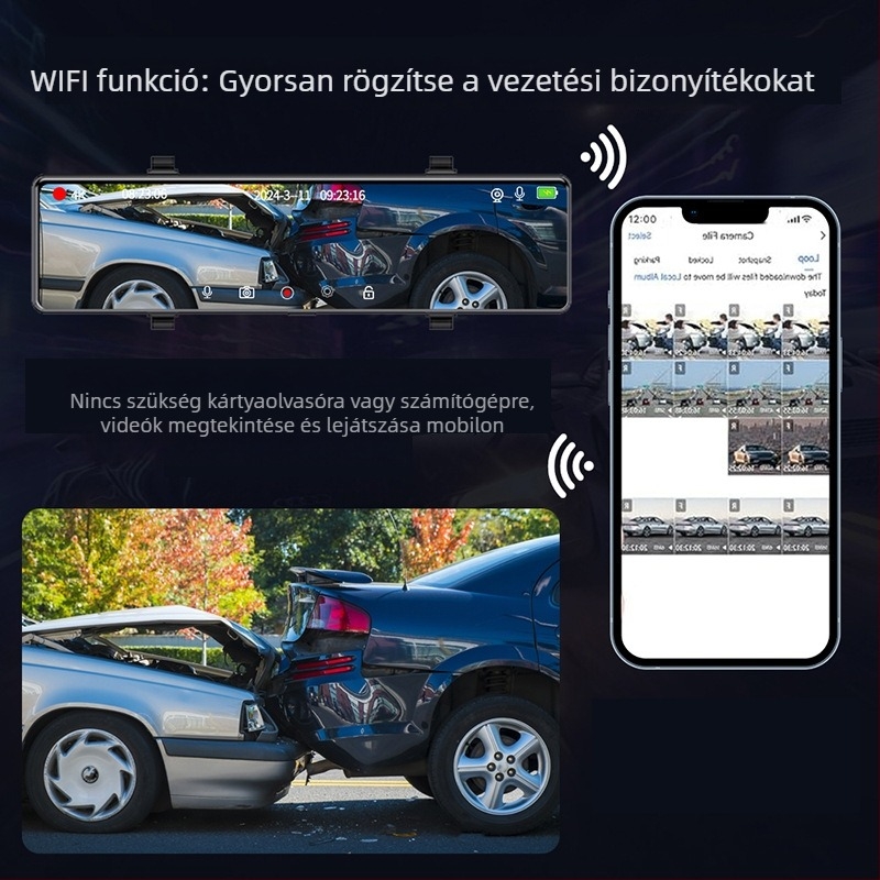 12 hüvelykes 4K visszapillantó tükör Wi‑Fi-vel, streaming videó, éjszakai látás, kétlencsés kamera, GPS, kettős felvétel