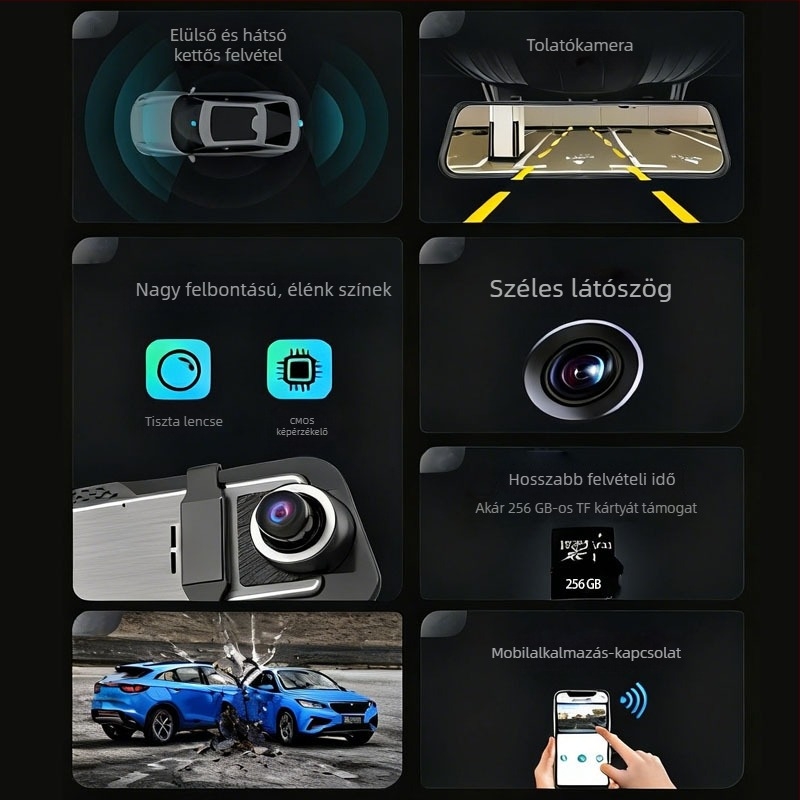 4K csillagfényes éjjellátású, 10 colos tükrös dash cam, kettős felvétellel, továbbfejlesztett éjjellátás
