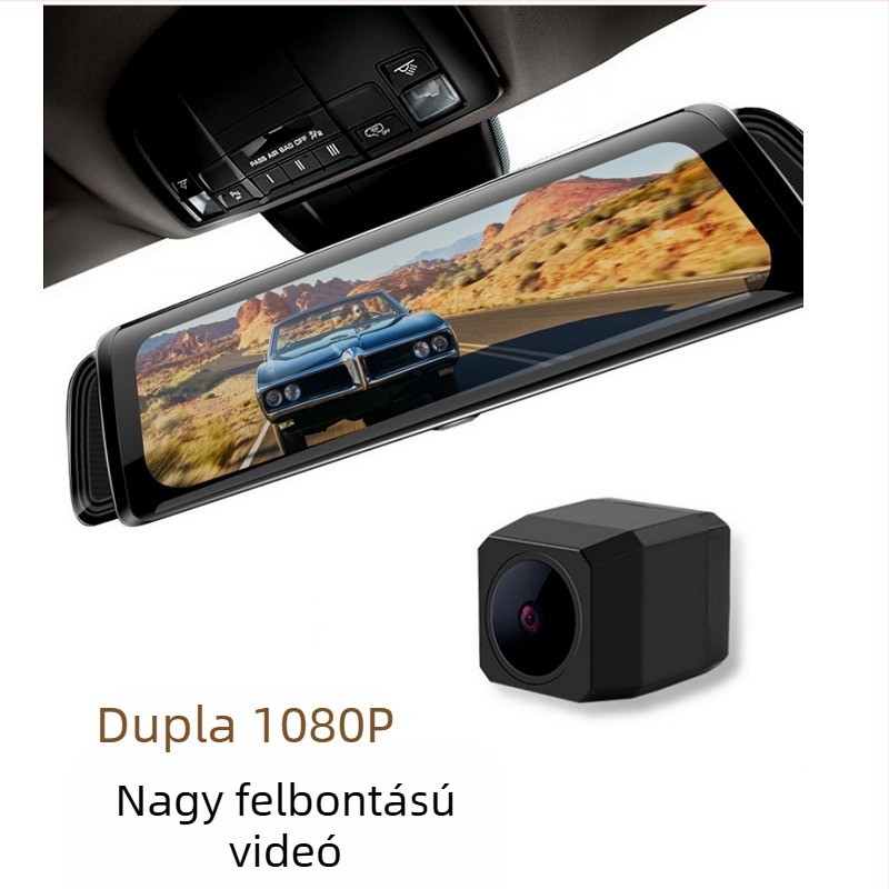 Kétlencsés autós dash cam érintőképernyővel, 10 hüvelykes, 2160p, elő- és hátsó kamera, Wi-Fi, mozgásérzékelés, parkolási mód, éjszakai látás, gyorsulás-érzékelő