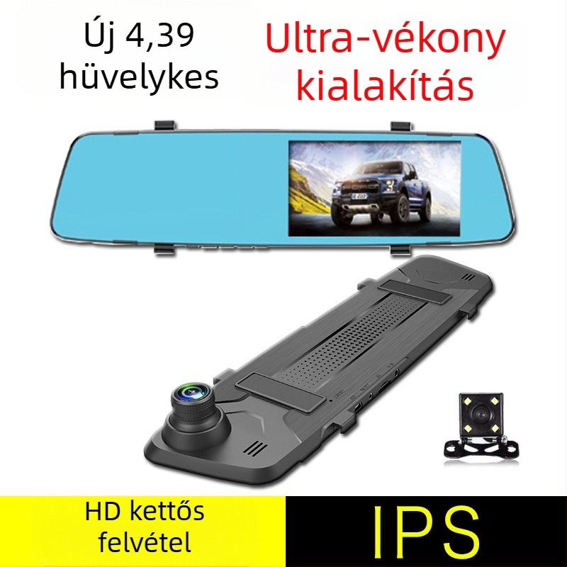 Kettős lencsés tolatókamera tükrös dash cam, 170° széles látószög, 12MP szenzor, ciklikus felvétel, támogatja TF-kártyát 32GB-ig, USB/HDMI/AV csatlakozók, 12–24V tápegység