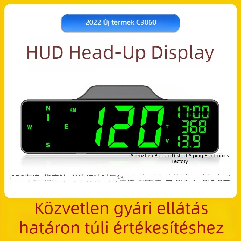 Autóba szerelt HUD iránytűvel, GPS sebességmérővel, gyorshajtásriasztóval és odométerrel