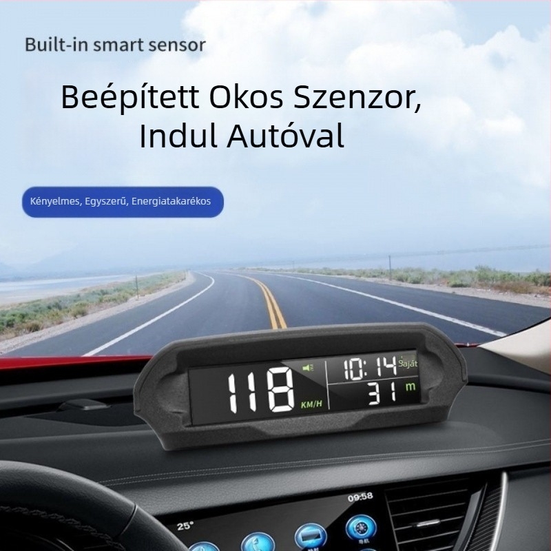 Autó HUD Head-Up kijelző, napelemes áramellátás, vezeték nélküli GPS (sebesség, magasság, idő)