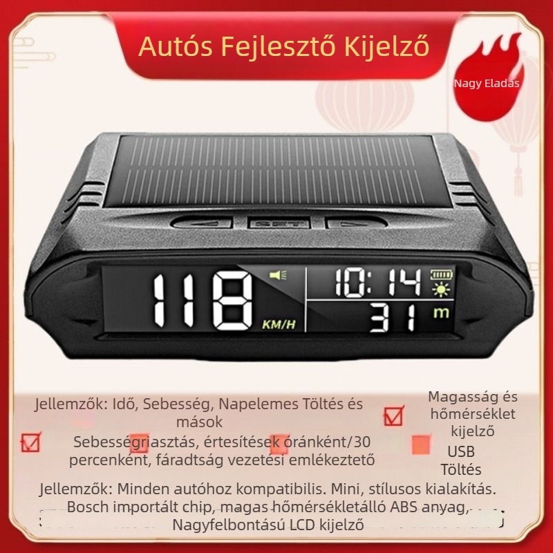 Autó HUD Head-Up kijelző, napelemes áramellátás, vezeték nélküli GPS (sebesség, magasság, idő)