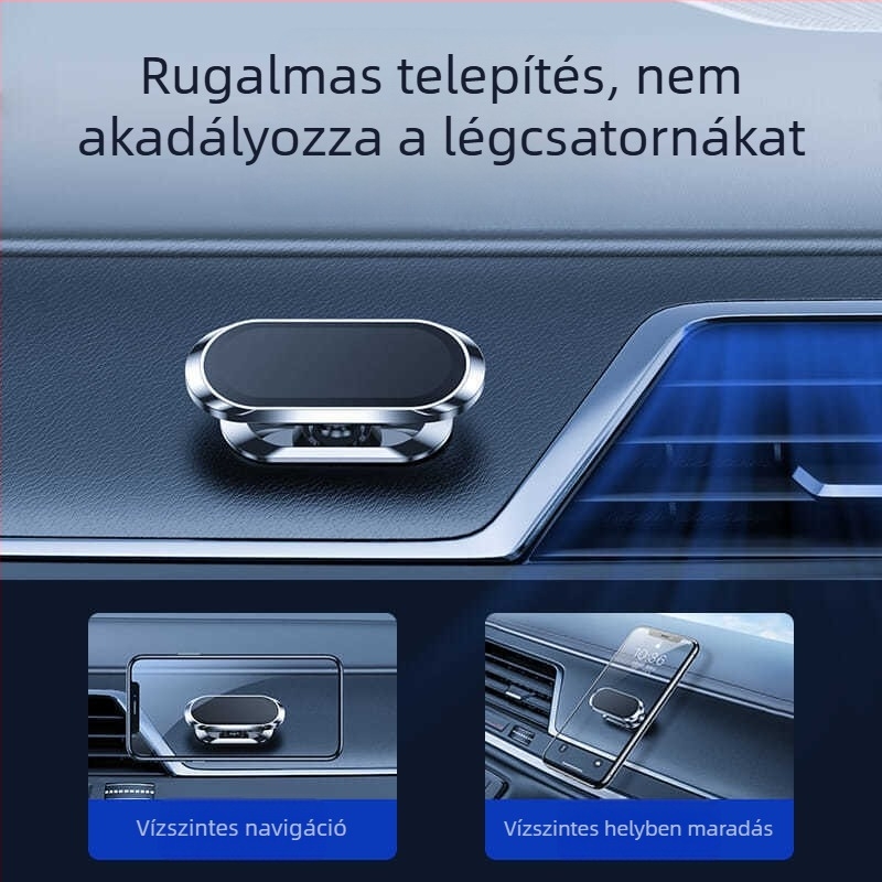 Autóba szerelhető mágneses telefontartó, ragasztópasztás rögzítéssel, cinkötvözetből készült, univerzális kompatibilitás