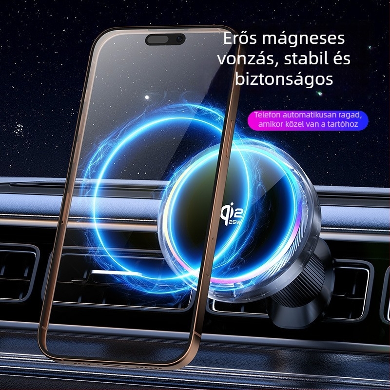 Qi2.2 mágneses autós telefontartó vezeték nélküli töltéssel, rezgéscsillapító, rögzítés a szellőzőn, univerzális műanyag tartó