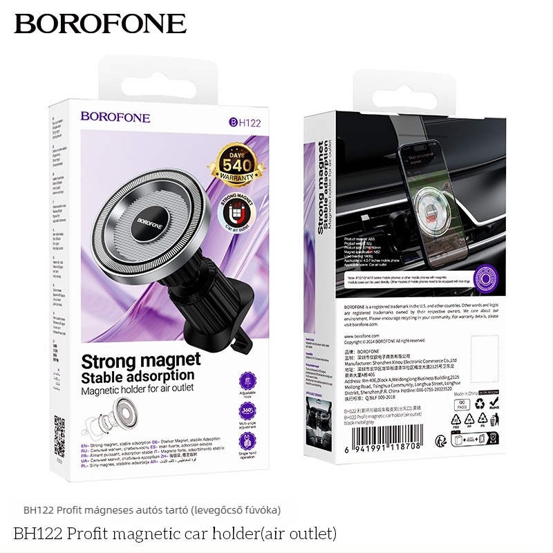 BOROFONE BH122 Autóban használható mágneses kör alakú tartó telefonhoz a klímaberendezés ventilációs nyílásához, snap-in, univerzális, PC+ABS