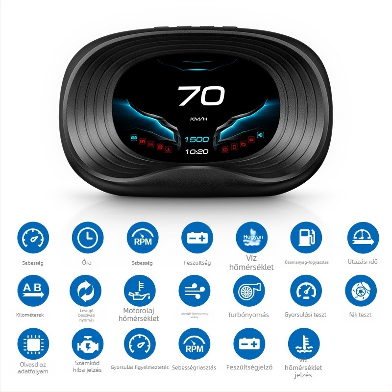 Head-Up kijelző autóhoz – modell P20; bemeneti jel OBD2; tápegység OBD interfészen keresztül; anyag ABS és PC; felbontás HD