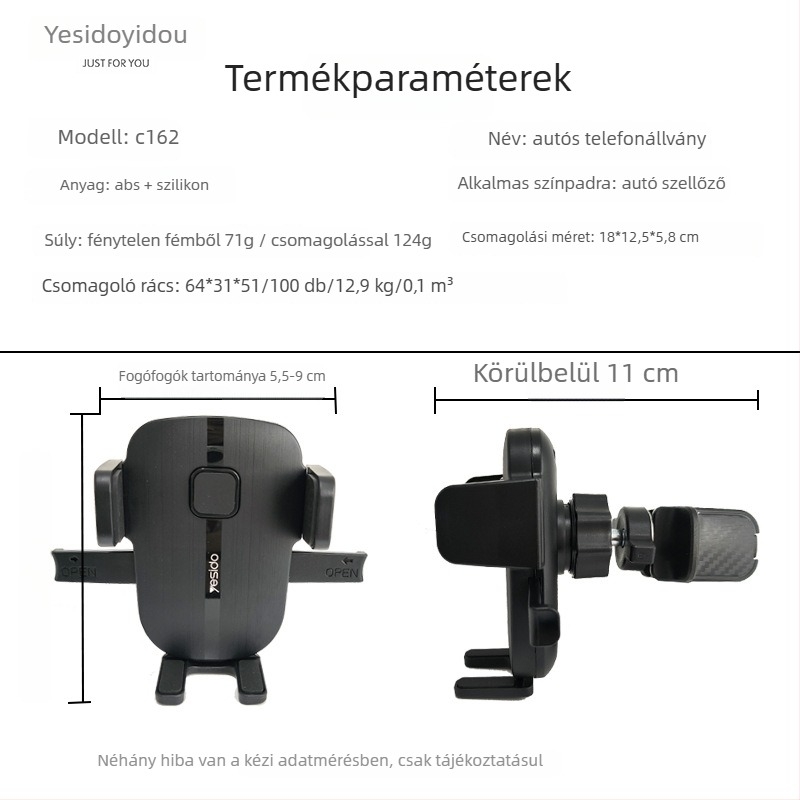 Yesido autótelefon-tartó a légcsatornába, univerzális, PC+ABS, modell C162