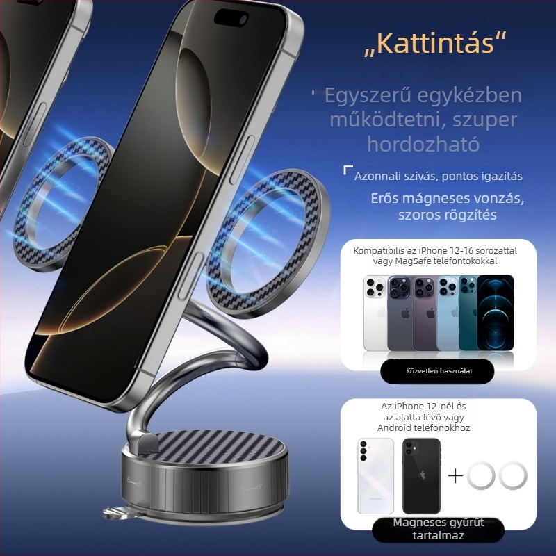 Kétfejű mágneses autótelefon-tartó, összecsukható, állítható, forgatható, fémszerkezet, MagSafe-kompatibilis
