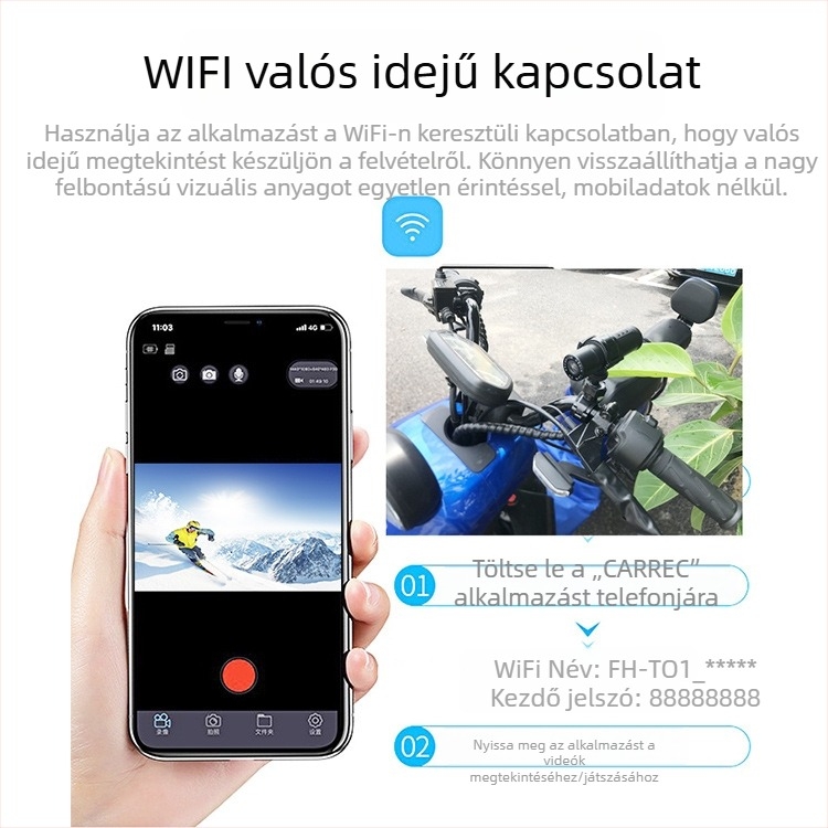 T1 Motorkerékpár DVR - 1080P, 140° látószög, TF kártya 128GB-ig, kültéri vízálló, 12V tápegység