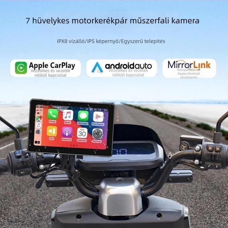 7 hüvelykes motorkerékpár dash kamera vezeték nélküli CarPlay-vel, elöl-hátul HD kettős felvétellel