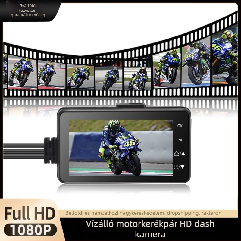 Motorkerékpáros kétlencsés dash cam, elöl-hátul felvétel, vízálló, 120° látószög, 2,0 colos kijelző, microSD-ig 128 GB