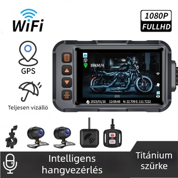 Motorkerékpár fedélzeti kamera 1080P GPS, vízálló, Wi-Fi, 120° látószög