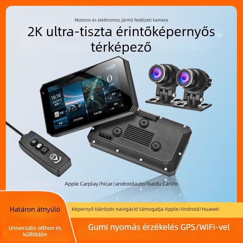 Motorkerékpár DVR CarPlay és képernyővetítés, 150° látószög, 3MP szenzor, TF-kártya 128GB-ig, kormányrögzítés, 12V