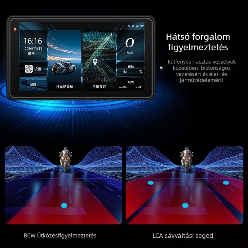 Motorkerékpár DVR CarPlay és képernyővetítés, 150° látószög, 3MP szenzor, TF-kártya 128GB-ig, kormányrögzítés, 12V