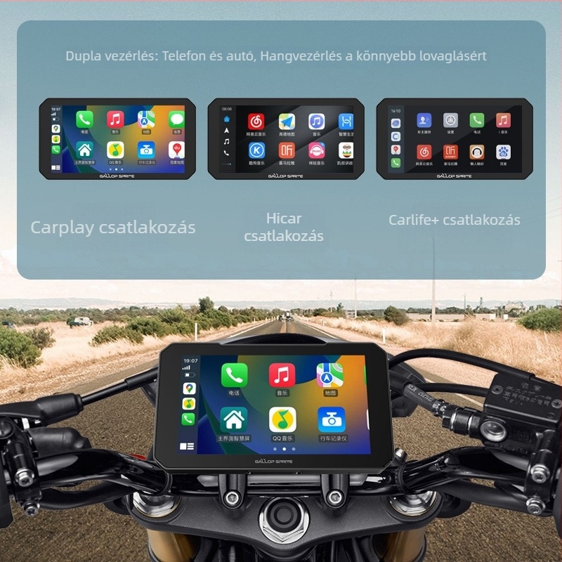 Motorkerékpár CarPlay egység elő- és hátsó dupla kamerával, navigációval és GPS guminyomás-figyeléssel