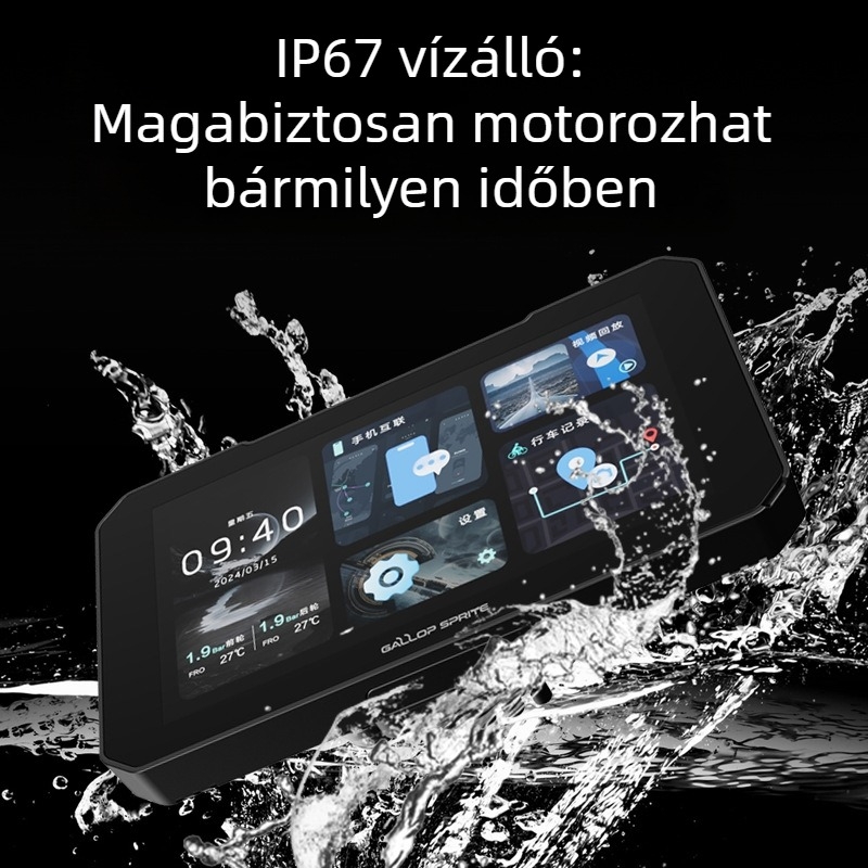 Motorkerékpár CarPlay egység elő- és hátsó dupla kamerával, navigációval és GPS guminyomás-figyeléssel