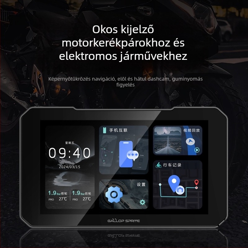 Motorkerékpár CarPlay egység elő- és hátsó dupla kamerával, navigációval és GPS guminyomás-figyeléssel
