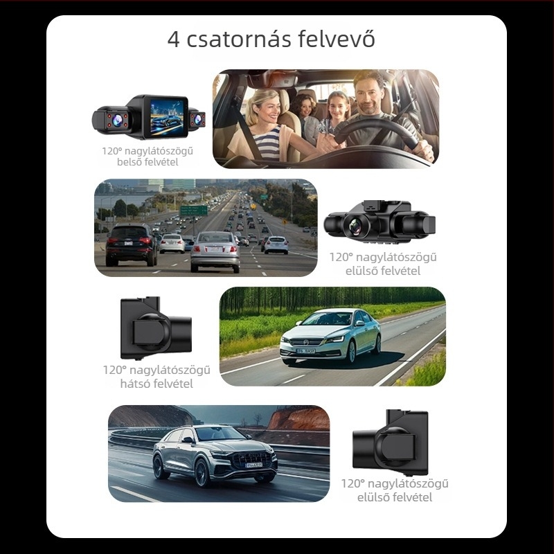 4-csatornás hangvezérlésű HD éjjellátó autós dash cam, 1440P visszapillantó tükrös felvétellel