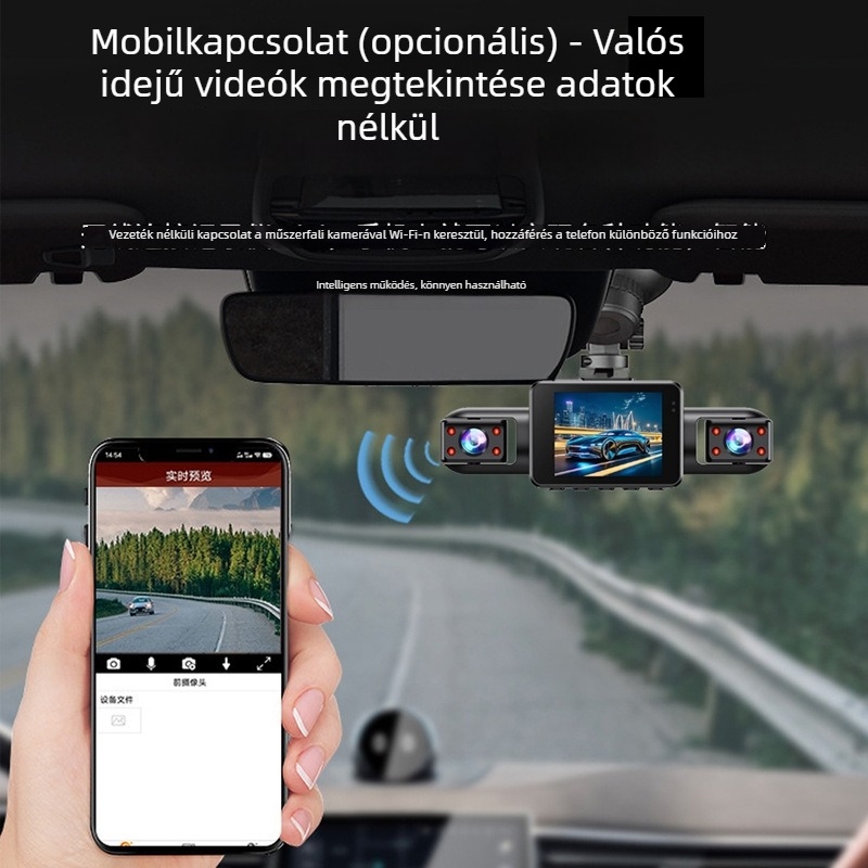 4-csatornás hangvezérlésű HD éjjellátó autós dash cam, 1440P visszapillantó tükrös felvétellel