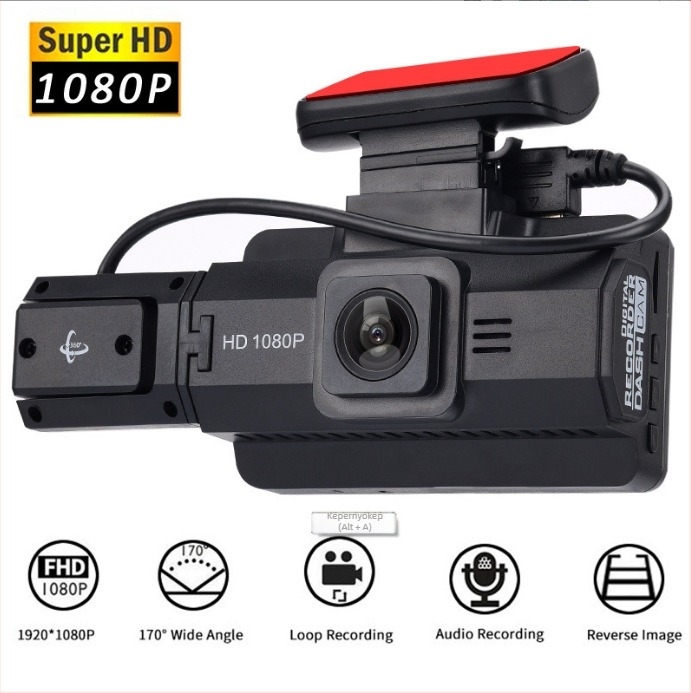 Autó dashcam elő- és hátoldali dupla felvétellel, 1080P, 140° látószög, infravörös éjszakai látás, parkolási monitorozás