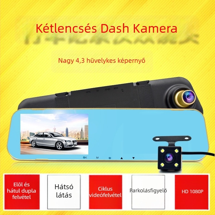 HD autórögzítő kamera tükrökkel – elöl-hátul 1080p, dupla lencsés felvétel, 170° látószög, parkolásfigyelés, TF-kártya 32GB-ig