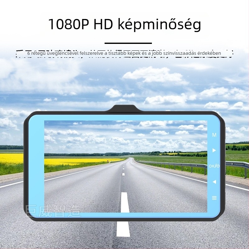 4 hüvelykes érintőképernyős dash cam, 1080p, előre-hátra dupla objektív, körforgó felvétel