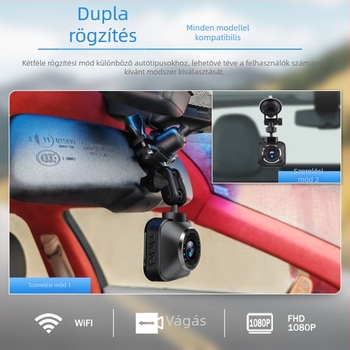 Mini dash cam Wi‑Fi-kapcsolattal, autókamera 140°-os széles látószöggel és biztonsági funkciókkal