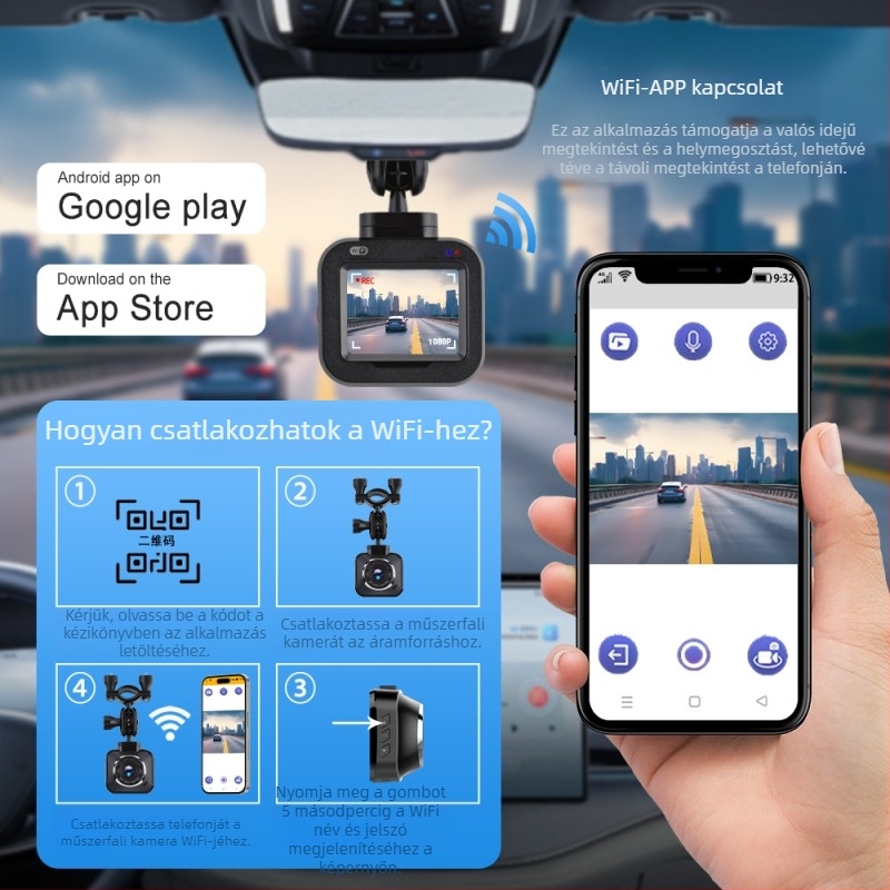 Mini dash cam Wi‑Fi-kapcsolattal, autókamera 140°-os széles látószöggel és biztonsági funkciókkal