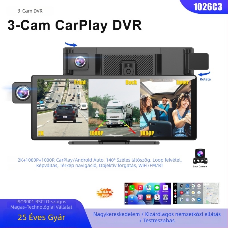 Háromkamerás autós DVR, 10,26 hüvelykes HD kijelzővel, CarPlay & Android Auto, 1800P, 140° látómező