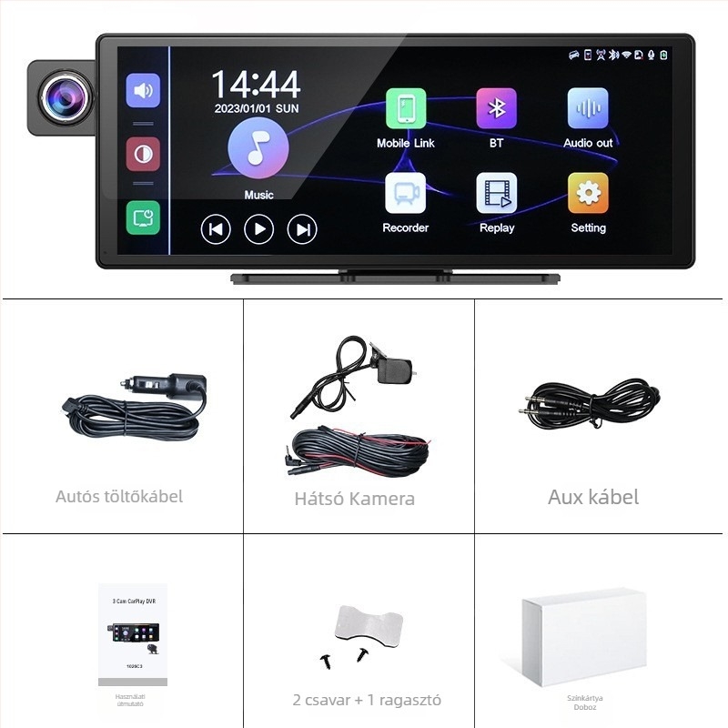 Háromkamerás autós DVR, 10,26 hüvelykes HD kijelzővel, CarPlay & Android Auto, 1800P, 140° látómező