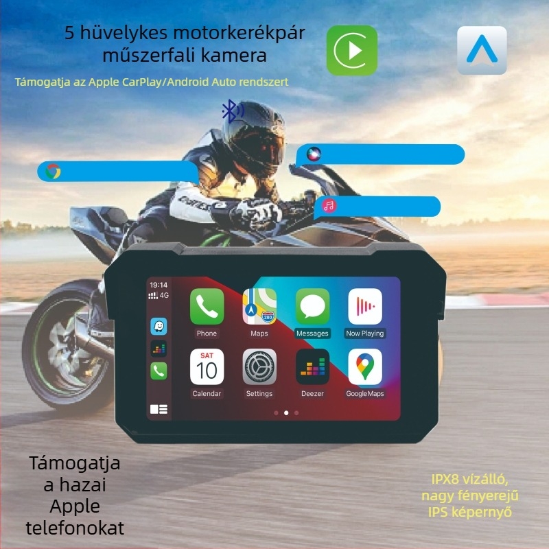 5 hüvelykes motorkerékpár DVR CarPlay és Android kapcsolattal, hordozható lopás elleni kijelző, navigáció, HD éjjellátás