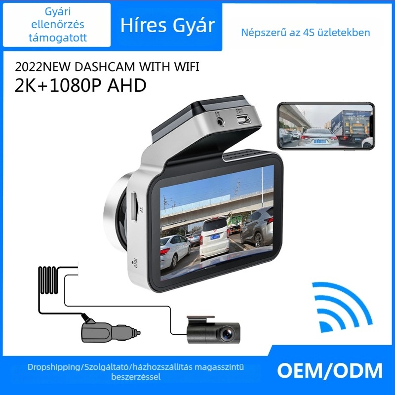 Kétkamerás dash cam, 1080P éjjellátás, Wi‑Fi, 170° széles látószög, 64GB TF-kártya támogatott