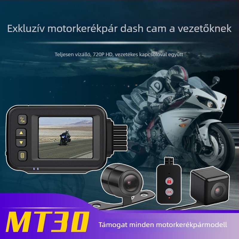 MT30 motorkerékpáros fedélzeti kamera – elöl és hátul dupla objektívvel, 1080p, 150° széles látószög, F2.0, microSD 32GB-ig, vízálló