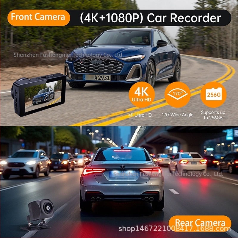 Új autós dashcam kettős felvétellel, 4K felvétel, éjszakai látás, első és hátsó lencse, Wi-Fi