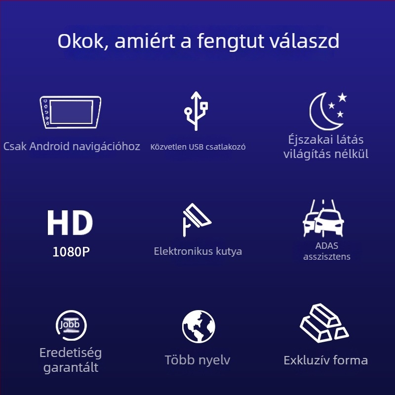Android nagylábernyű navigáció ADAS-szal, kétlencsés autós DVR 1080P, éjszakai látás, AR valósághű jelenet, USB