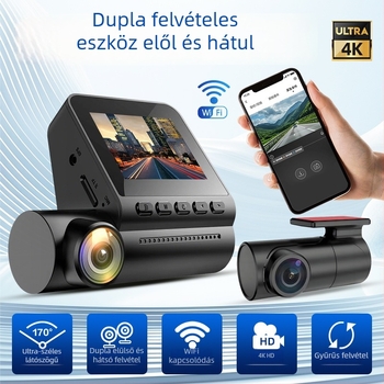 4K autós DVR elöl-hátul dupla felvétellel, 140° látószög, 2.0 hüvelykes kijelző, Wi‑Fi, GPS, ciklikus felvétel, SD-kártya támogatás