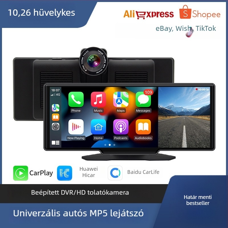 2K-s autós dashcam elő- és hátsó felvétellel, 10 hüvelykes érintőképernyővel, CarPlay és hordozható szórakozás, hátrameneti kép